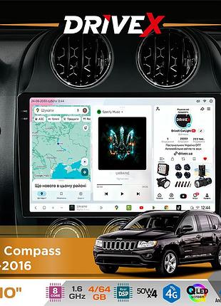 Штатна магнітола для jeep compass 2011-2016 drivex s4 qled 10" android 8-ядерний 1.6ггц 4x64гб sim-картка 3g/4g tda7851 4x50w dsp