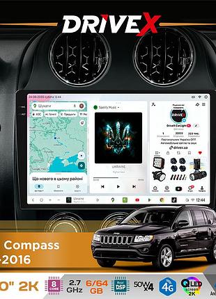 Штатна магнітола для jeep compass 2011-2016 drivex s7 2k qled 10" android 8-ядерний 2.7ггц 6x64гб sim-картка 3g/4g ak7808 ab 4x50w