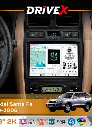 Штатная магнитола для hyundai santa fe 2000-2006 drivex s7 2k qled 9" android 8-ядерный 2.7ггц 6x64гб sim-карта 3g/4g ak7808 ab