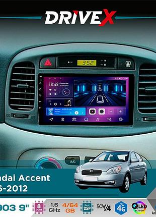 Штатная магнитола для hyundai accent 2006-2012 drivex se-903 qled 9" android 8-ядерный 4+64гб sim-карта 3g/4g dsp 4x50w(tda7851)