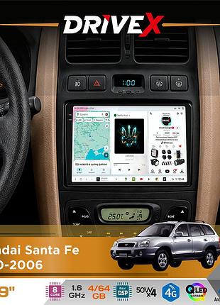 Штатная магнитола для hyundai santa fe 2000-2006 drivex s4 qled 9" android 8-ядерный 1.6ггц 4x64гб sim-карта 3g/4g tda7851 4x50w