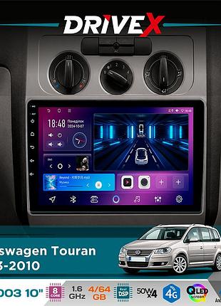 Штатна магнітола для volkswagen touran 2003-2010 drivex se-1003 qled 10" android 8-ядерний 4+64гб sim-картка 3g/4g dsp