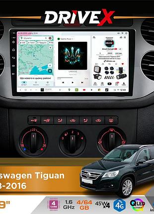 Штатна магнітола для volkswagen tiguan 2008-2016 drivex s3 qled 9" android 8-ядерний 1.6ггц 4x64гб sim-картка 3g/4g 7388 4x45w asp