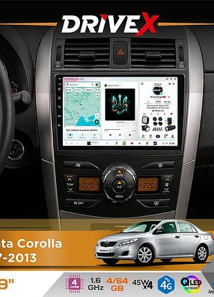 Штатная магнитола для toyota corolla 2007-2013 drivex s3 qled 9" android 8-ядерный 1.6ггц 4x64гб sim-карта 3g/4g 7388 4x45w asp