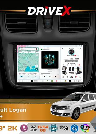 Штатная магнитола для renault logan 2013+ drivex s7 2k qled 9" android 8-ядерный 2.7ггц 6x64гб sim-карта 3g/4g ak7808 ab 4x50w dsp