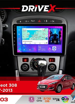 Штатная магнитола для peugeot 308 2007-2013 drivex a-903 qled 9" android 4-ядерный 2+32гб 4x50w(tda7851) беспроводной carplay и