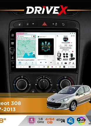 Штатна магнітола для peugeot 308 2007-2013 drivex s3 qled 8" з фізичними кнопками android 8-ядерний 1.6ггц 4x64гб sim-картка 3g/4g