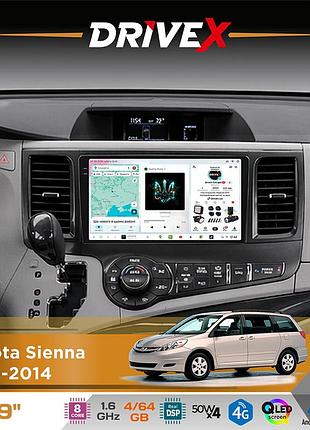 Штатная магнитола для toyota sienna 2010-2014 drivex s4 qled 9" android 8-ядерный 1.6ггц 4x64гб sim-карта 3g/4g tda7851 4x50w dsp