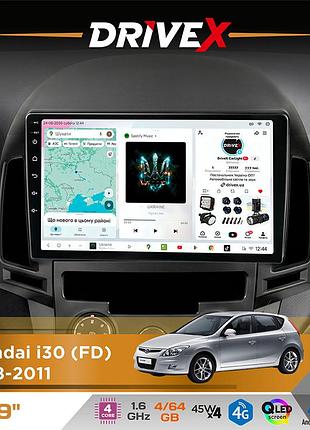 Штатна магнітола для hyundai i30 (fd) 2008-2011 drivex s3 qled 9" android 8-ядерний 1.6ггц 4x64гб sim-картка 3g/4g 7388 4x45w asp