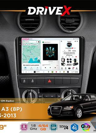 Штатна магнітола для audi a3 (8p) 2003-2013 drivex s4 qled 9" android 8-ядерний 1.6ггц 4x64гб sim-картка 3g/4g tda7851 4x50w dsp