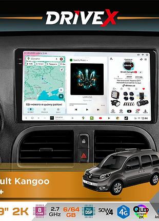 Штатная магнитола для renault kangoo 2013+ drivex s7 2k qled 9" android 8-ядерный 2.7ггц 6x64гб sim-карта 3g/4g ak7808 ab 4x50w