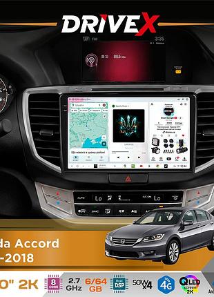 Штатная магнитола для honda accord 2013-2018 drivex s7 2k qled 10" android 8-ядерный 2.7ггц 6x64гб sim-карта 3g/4g ak7808 ab 4x50w