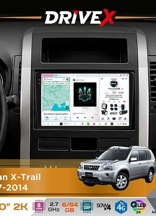 Штатна магнітола для nissan x-trail 2007-2014 drivex s7 2k qled 10" android 8-ядерний 2.7ггц 6x64гб sim-картка 3g/4g ak7808 ab