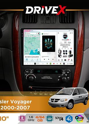 Штатна магнітола для chrysler voyager (rs) 2000-2007 drivex s4 qled 10" android 8-ядерний 1.6ггц 4x64гб sim-картка 3g/4g tda7851