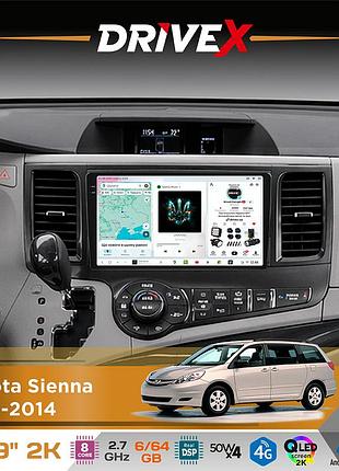 Штатна магнітола для toyota sienna 2010-2014 drivex s7 2k qled 9" android 8-ядерний 2.7ггц 6x64гб sim-картка 3g/4g ak7808 ab 4x50w