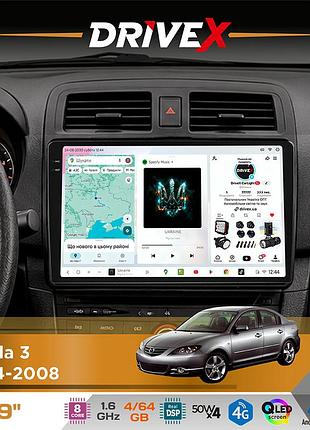 Штатна магнітола для mazda 3 2004-2008 drivex s4 qled 9" android 8-ядерний 1.6ггц 4x64гб sim-картка 3g/4g tda7851 4x50w dsp ak7604