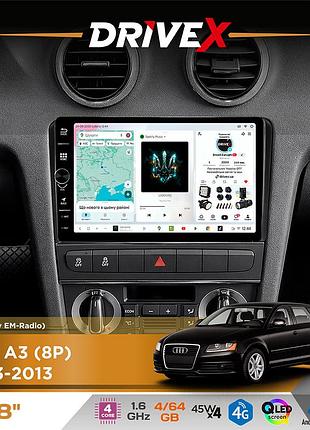 Штатная магнитола для audi a3 (8p) 2003-2013 drivex s3 qled 8" с физическими кнопками android 8-ядерный 1.6ггц 4x64гб sim-карта
