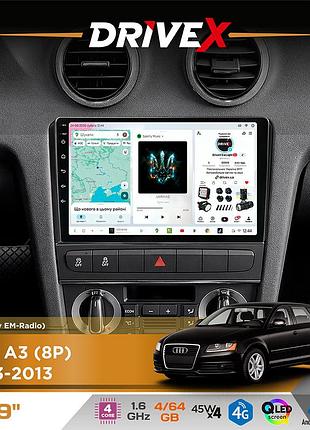 Штатная магнитола для audi a3 (8p) 2003-2013 drivex s3 qled 9" android 8-ядерный 1.6ггц 4x64гб sim-карта 3g/4g 7388 4x45w asp
