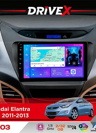 Штатная магнитола для hyundai elantra (md) 2011-2013 drivex a-903 qled 9" android 4-ядерный 2+32гб 4x50w(tda7851) беспроводной
