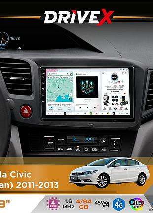 Штатная магнитола для honda civic (sedan) 2011-2013 drivex s3 qled 9" android 8-ядерный 1.6ггц 4x64гб sim-карта 3g/4g 7388 4x45w