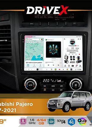 Штатная магнитола для mitsubishi pajero 2007-2021 drivex s4 qled 9" android 8-ядерный 1.6ггц 4x64гб sim-карта 3g/4g tda7851 4x50w