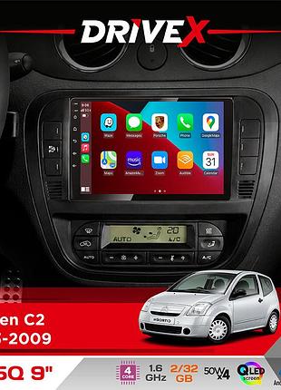 Штатная магнитола для citroen c2 2003-2009 drivex un5 qled 9" android 4-ядерный 2+32гб 4x45w беспроводной carplay и androidauto