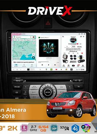 Штатная магнитола для nissan almera 2012-2018 drivex s7 2k qled 9" android 8-ядерный 2.7ггц 6x64гб sim-карта 3g/4g ak7808 ab 4x50w