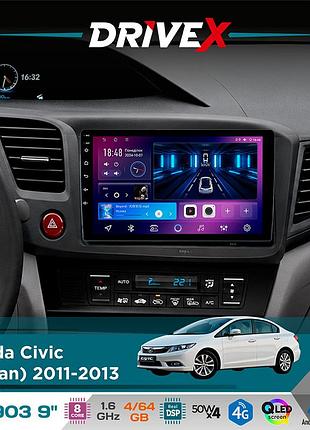 Штатная магнитола для honda civic (sedan) 2011-2013 drivex se-903 qled 9" android 8-ядерный 4+64гб sim-карта 3g/4g dsp