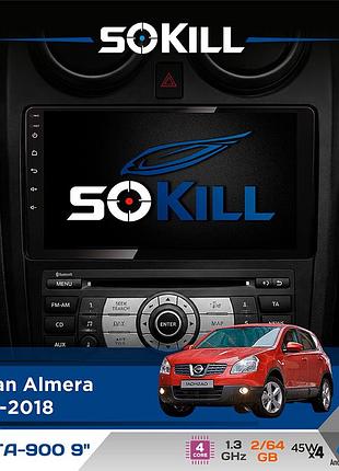 Штатная магнитола для nissan almera 2012-2018 sokill delta-900 9" android 4-ядерный 2+64гб 4x45w беспроводной carplay и androidauto