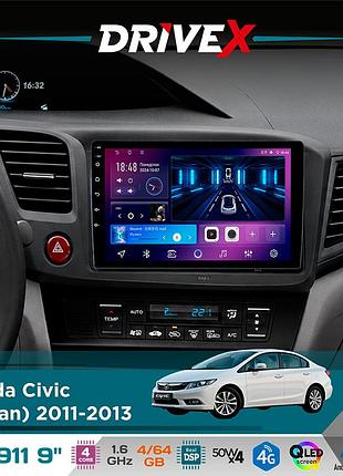 Штатная магнитола для honda civic (sedan) 2011-2013 drivex se-911 4+64гб qled 9" android 4-ядерный 4x50w(tda7851) dsp беспроводной