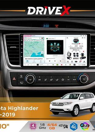 Штатна магнітола для toyota highlander 2013-2019 drivex s3 qled 10" android 8-ядерний 1.6ггц 4x64гб sim-картка 3g/4g 7388 4x45w