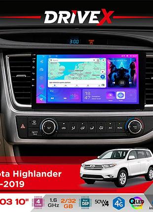 Штатна магнітола для toyota highlander 2013-2019 drivex a-1003 qled 10" android 2+32гб 4-ядерний 4x50w(tda7851) бездротовий