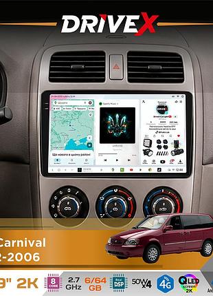 Штатна магнітола для kia carnival 2002-2006 drivex s7 2k qled 9" android 8-ядерний 2.7ггц 6x64гб sim-картка 3g/4g ak7808 ab 4x50w