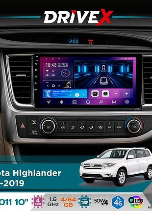 Штатна магнітола для toyota highlander 2013-2019 drivex se-1011 qled 10" android 4-ядерний 4+64гб dsp 4x50w(tda7851) бездротовий