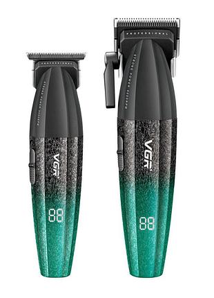 Машинка для стрижки з тримером vgr v-640 s2, комплект 2 в 1, 9 насадок, зелений