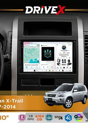 Штатная магнитола для nissan x-trail 2007-2014 drivex s4 qled 10" android 8-ядерный 1.6ггц 4x64гб sim-карта 3g/4g tda7851 4x50w