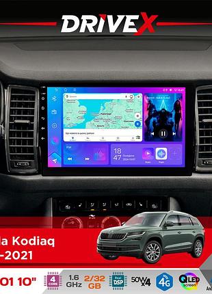Штатная магнитола для skoda kodiaq 2016-2021 drivex a-1001 10" android 4-ядерный 2+32гб 4x45w беспроводной carplay и androidauto