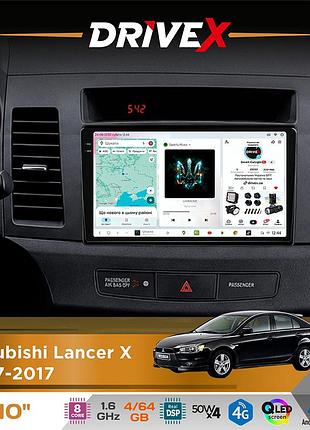 Штатная магнитола для mitsubishi lancer x 2007-2017 drivex s4 qled 10" android 8-ядерный 1.6ггц 4x64гб sim-карта 3g/4g tda7851