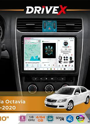 Штатная магнитола для skoda octavia 2013-2020 drivex s4 qled 10" android 8-ядерный 1.6ггц 4x64гб sim-карта 3g/4g tda7851 4x50w dsp