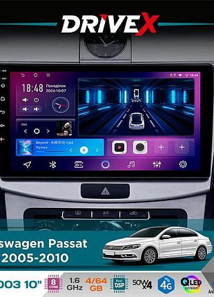 Штатна магнітола для volkswagen passat (b6) 2005-2010 drivex se-1003 qled 10" android 8-ядерний 4+64гб sim-картка 3g/4g dsp