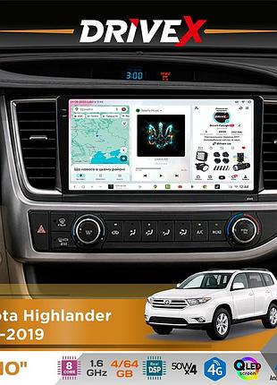 Штатна магнітола для toyota highlander 2013-2019 drivex s4 qled 10" android 8-ядерний 1.6ггц 4x64гб sim-картка 3g/4g tda7851 4x50w