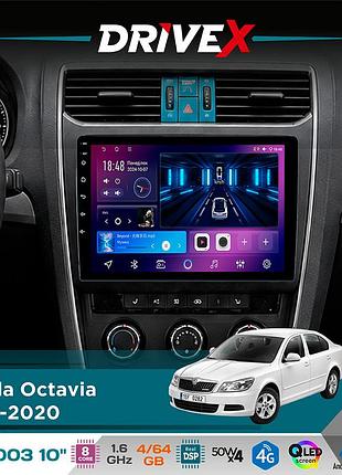 Штатна магнітола для skoda octavia 2013-2020 drivex se-1003 qled 10" android 8-ядерний 4+64гб sim-картка 3g/4g dsp 4x50w(tda7851)