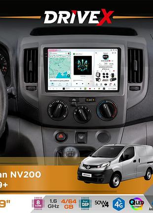 Штатна магнітола для nissan nv200 2009+ drivex s4 qled 9" android 8-ядерний 1.6ггц 4x64гб sim-картка 3g/4g tda7851 4x50w dsp
