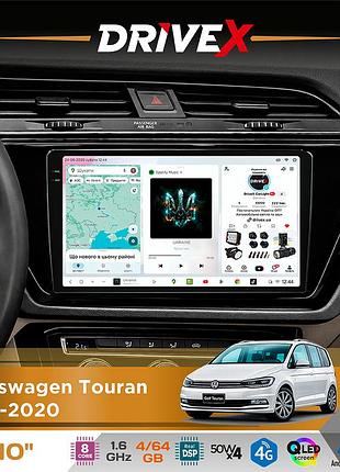 Штатна магнітола для volkswagen touran 2015-2020 drivex s4 qled 10" android 8-ядерний 1.6ггц 4x64гб sim-картка 3g/4g tda7851 4x50w