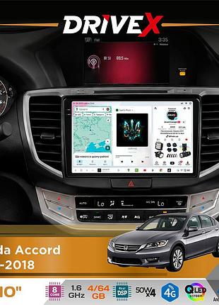 Штатна магнітола для honda accord 2013-2018 drivex s4 qled 10" android 8-ядерний 1.6ггц 4x64гб sim-картка 3g/4g tda7851 4x50w dsp