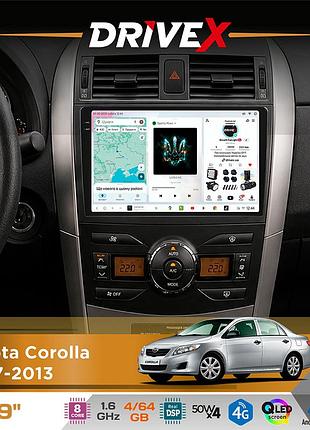 Штатна магнітола для toyota corolla 2007-2013 drivex s4 qled 9" android 8-ядерний 1.6ггц 4x64гб sim-картка 3g/4g tda7851 4x50w dsp