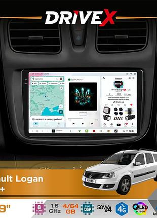 Штатная магнитола для renault logan 2013+ drivex s4 qled 9" android 8-ядерный 1.6ггц 4x64гб sim-карта 3g/4g tda7851 4x50w dsp