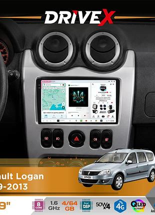 Штатная магнитола для renault logan 2009-2013 drivex s4 qled 9" android 8-ядерный 1.6ггц 4x64гб sim-карта 3g/4g tda7851 4x50w dsp