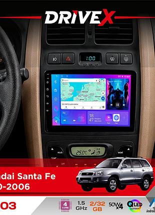 Штатна магнітола для hyundai santa fe 2000-2006 drivex a-903 qled 9" android 4-ядерний 2+32гб 4x50w(tda7851) бездротовий carplay