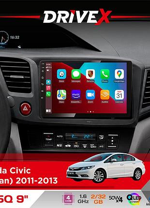 Штатная магнитола для honda civic (sedan) 2011-2013 drivex un5 qled 9" android 4-ядерный 2+32гб 4x45w беспроводной carplay и